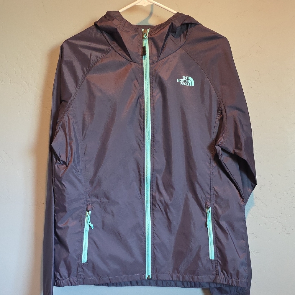 TNF Hooded Full Zip Gray Windbreaker Rain Jacket, Aqua Blue Detail, Women's L